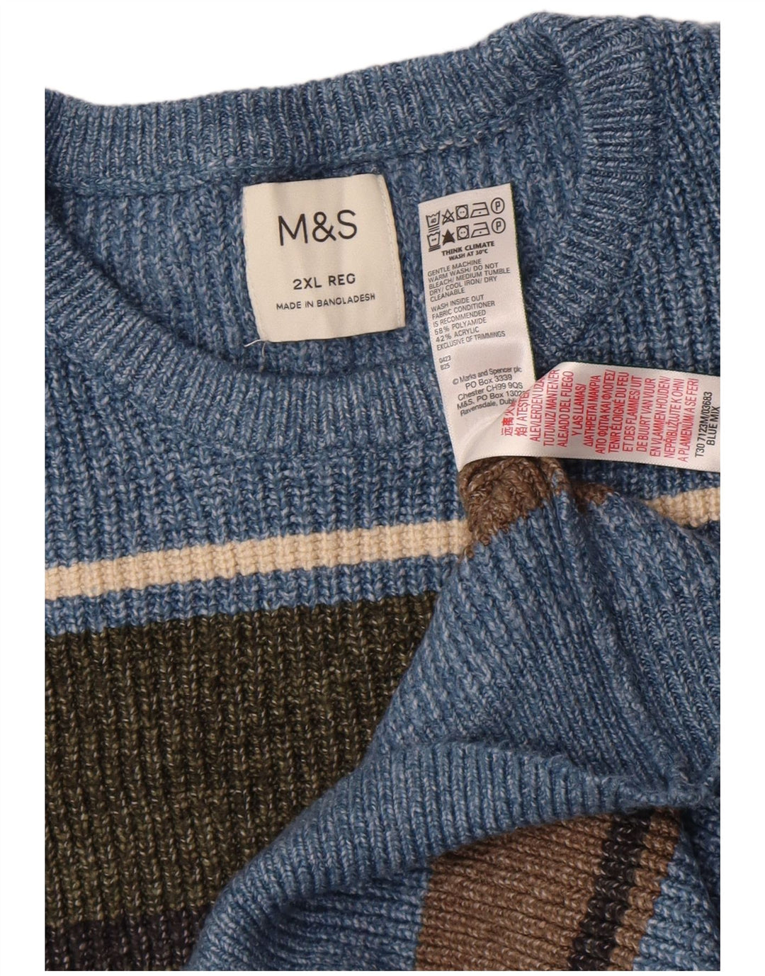 Marks & Spencer Herre sweater med rund hals 2XL blå stribet polyamid
