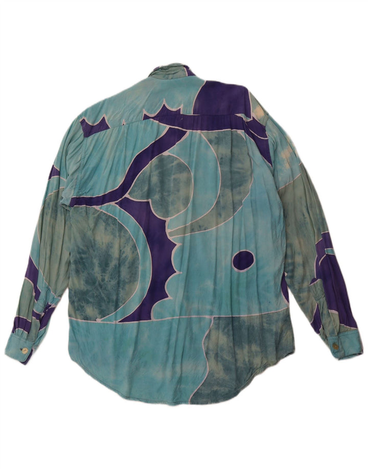 VINTAGE abstrakt mønsterskjorte til mænd XL blå rayon