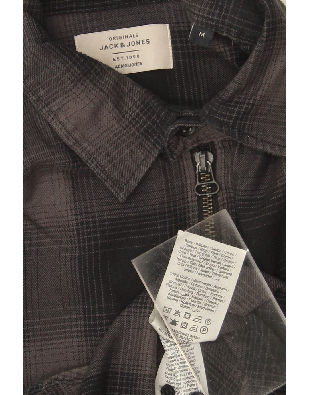 JACK & JONES Mens Flannel Shirt Medium Grey Check Cotton
