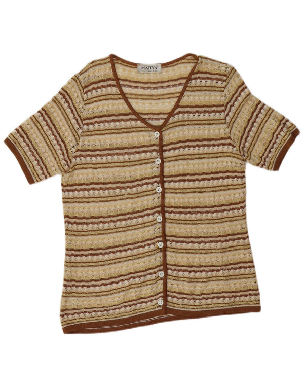 Vintage Dame Kortærmet Cardigan Sweater UK 12 Medium Gul Stribet