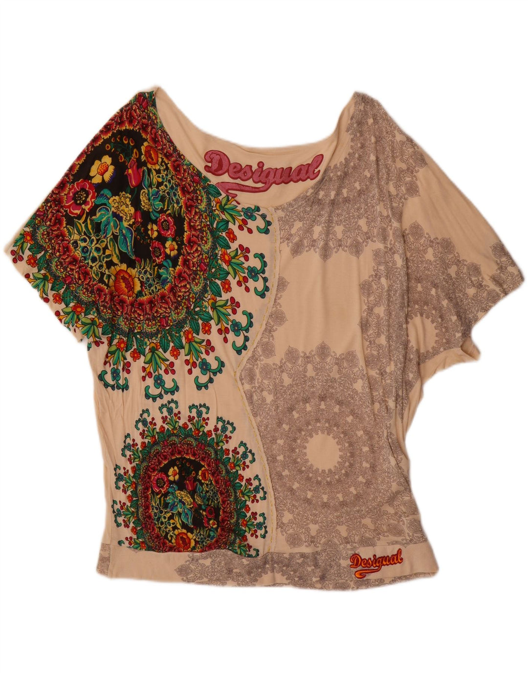 Desigual Dame Batwing Bluse Top UK 12 Medium Off White Floral