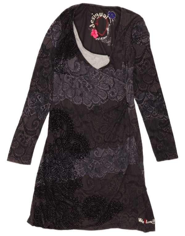 Desigual Dame Langærmet Skift Kjole Large Navy Blue Floral Viscose