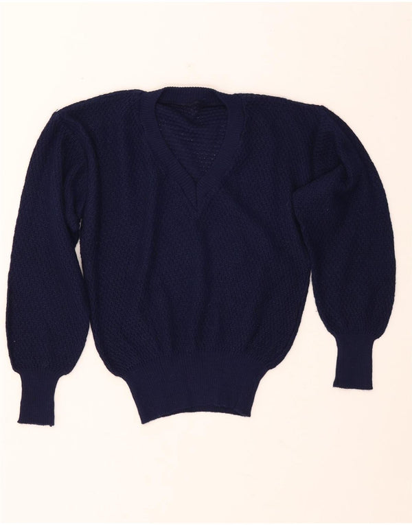 VINTAGE Dame V-hals sweater IT 46 Stor marineblå akryl