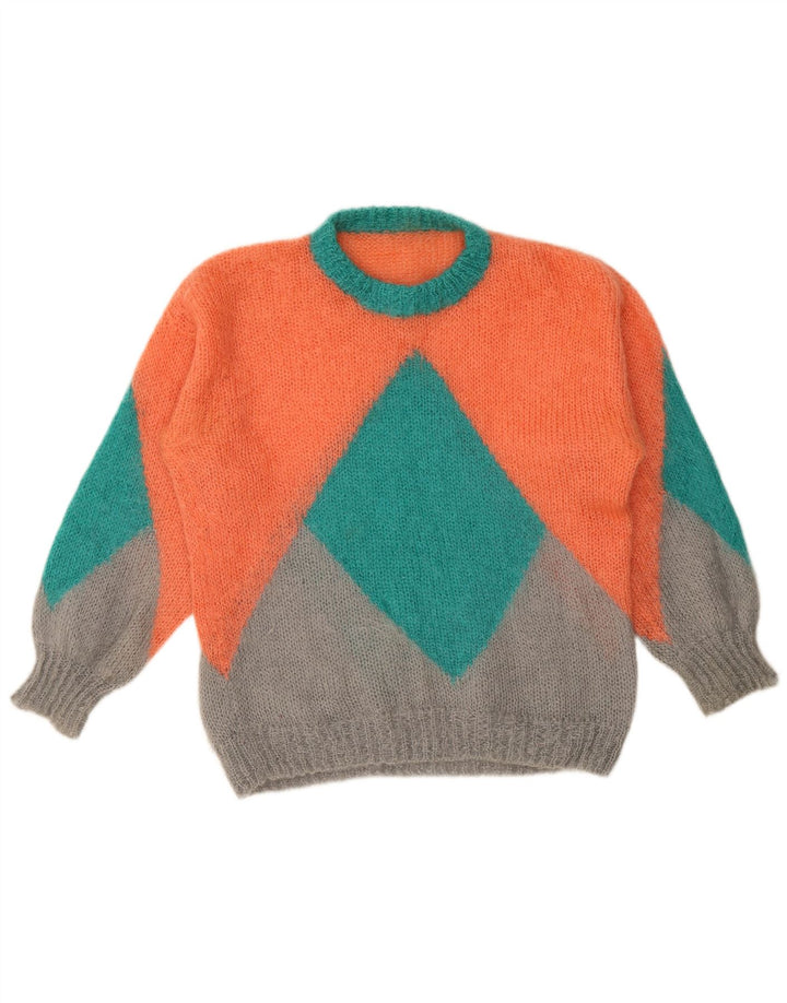 Vintage dame sweater med rund hals XL flerfarvet geometrisk