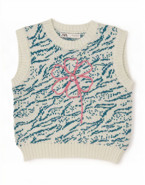 Zara Dame Grafisk Crop Vest Tank Top UK 12 Medium Blue Floral Cotton