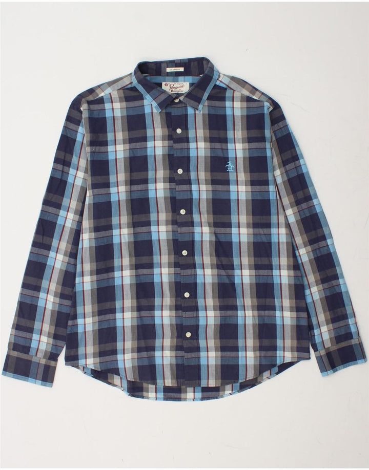 PENGUIN Herre Classic Fit skjorte Stor marineblå ternet bomuld