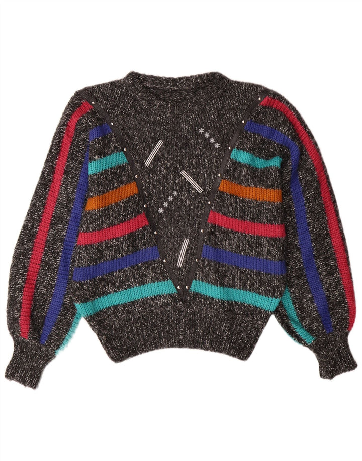 VINTAGE Dame Batwing Jumper Sweater UK 14 Medium Grå Stribet