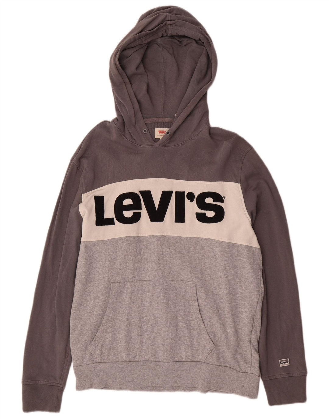 LEVI'S Mens Graphic Hoodie Jumper Large Grey Colourblock Cotton