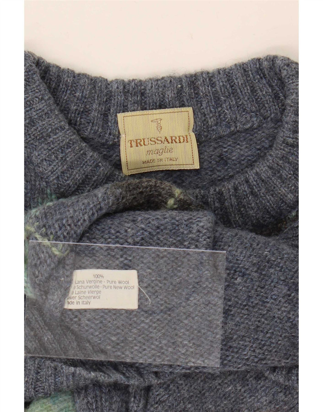 Trussardi Herre Crew Neck Jumper Sweater Medium Blue Argyle/Diamond Wool