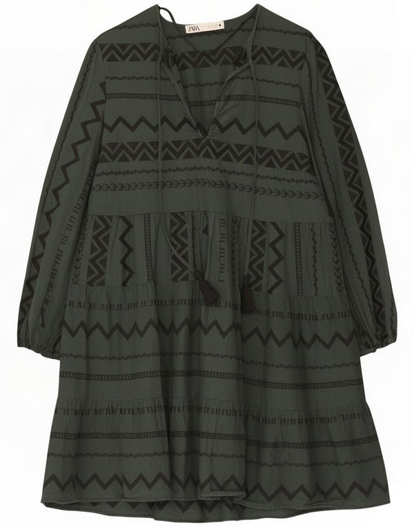 Zara Langærmet tiered kjole til kvinder UK 10 Small Green Chevron