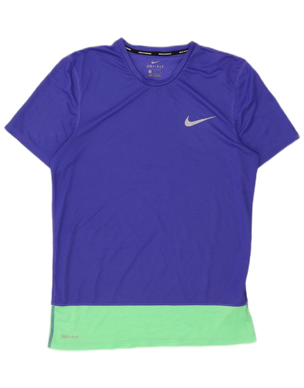 Nike Dame Dri Fit T-Shirt Top UK 14 Medium Blue Colourblock Polyester