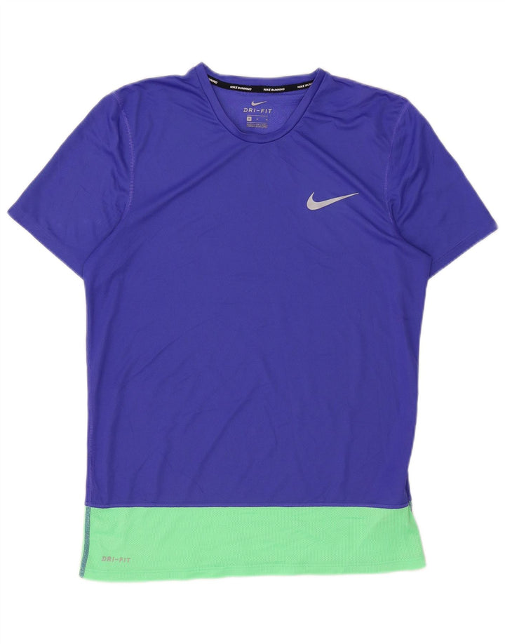 Nike Dame Dri Fit T-Shirt Top UK 14 Medium Blue Colourblock Polyester
