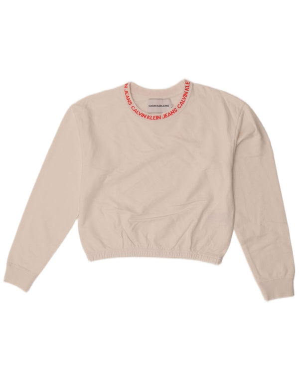 Calvin Klein Jeans Dame Graphic Crop Sweatshirt Jumper UK 10 Small White