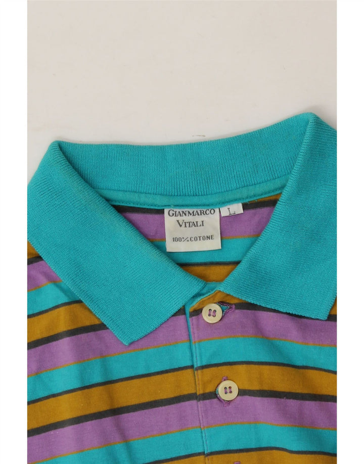 VINTAGE Mens Polo Shirt Large Multicoloured Striped Cotton Vintage Vintage and Second-Hand Vintage from Messina Hembry 