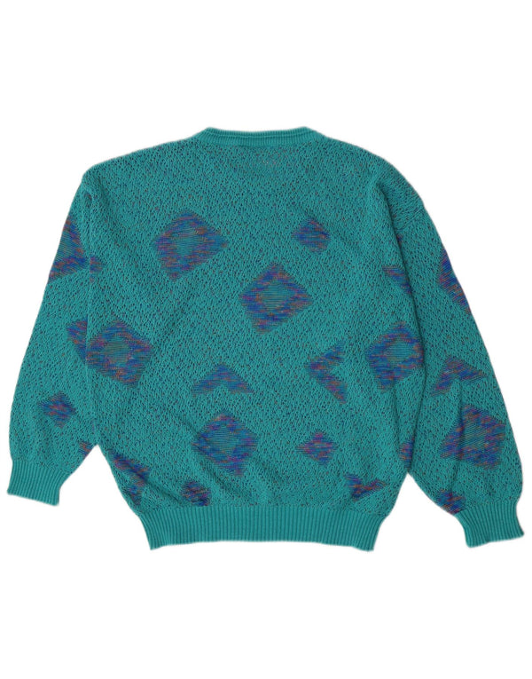 Vintage Womens Crew Neck Jumper Sweater IT 50 XL Turquoise Geometric