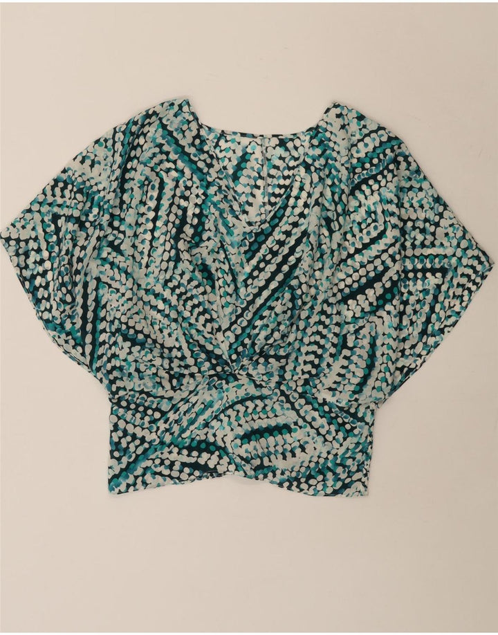 Vintage Dame Batwing Bluse Top UK 14 Medium Blue Geometric