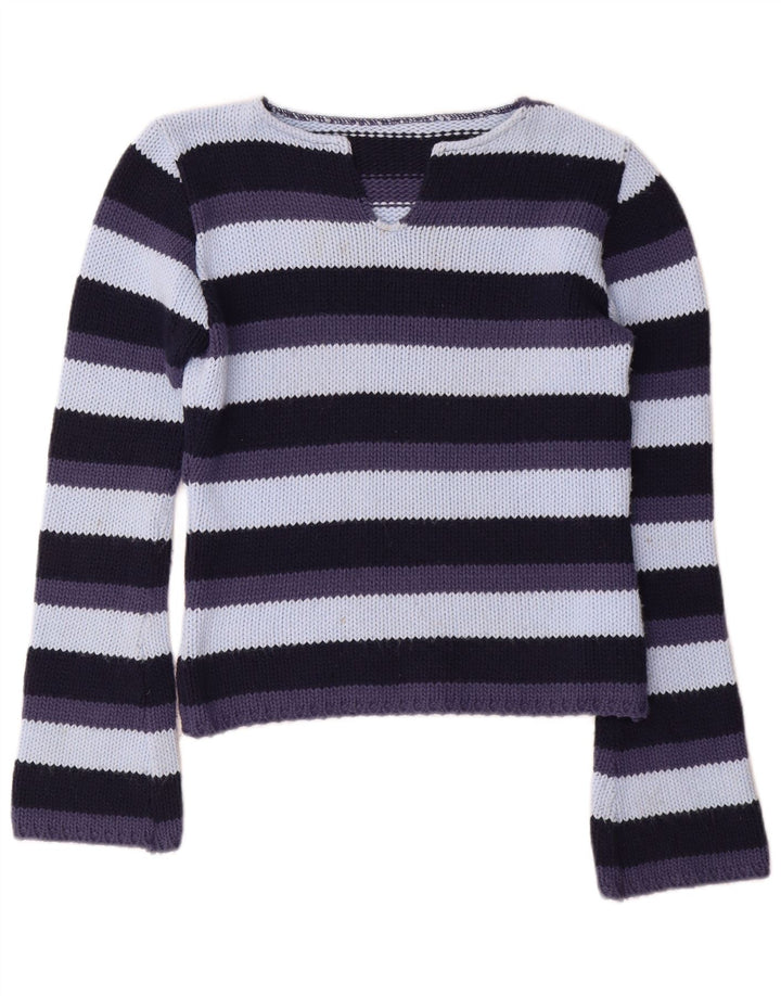 Vintage Dame V-hals Jumper Sweater UK 12 Medium Flerfarvet Stribet