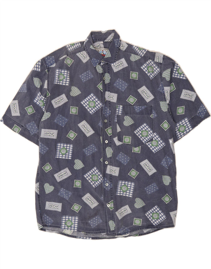 VINTAGE Mens Short Sleeve Shirt Medium Blue Patchwork Vintage Vintage and Second-Hand Vintage from Messina Hembry 
