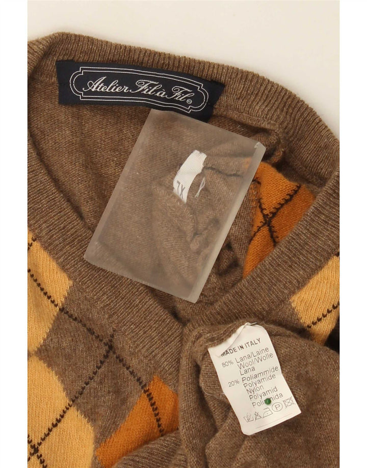 Vintage Herre V-hals sweater XL Brun Argyle/Diamond Wool