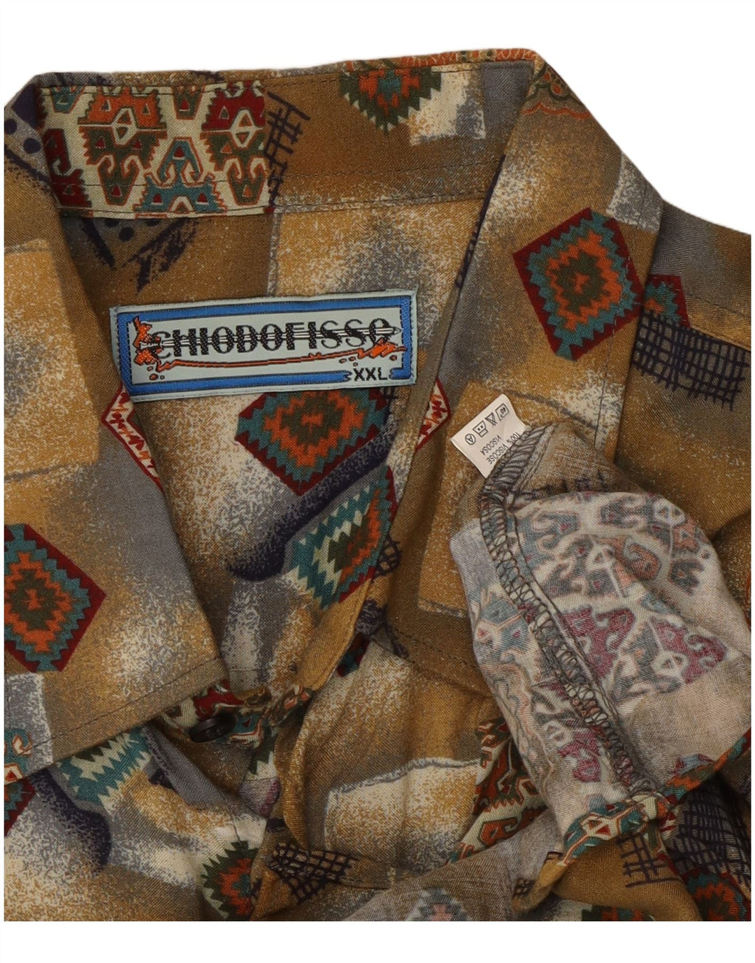 Vintage kortærmet herreskjorte 2XL Khaki Patchwork Viscose