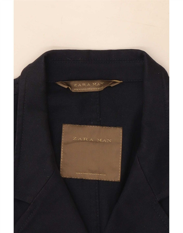 Zara Herre Double Breasted Blazer Jacket UK 38 Medium Navy Blue Bomuld