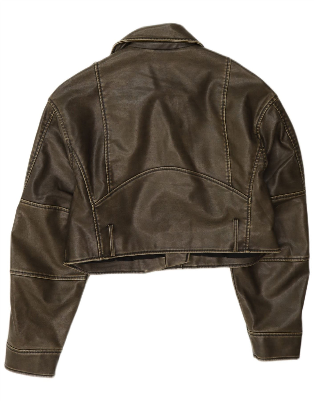 Zara Womens Crop Biker-jakke i imiteret læder UK 14 Medium Khaki Polyester