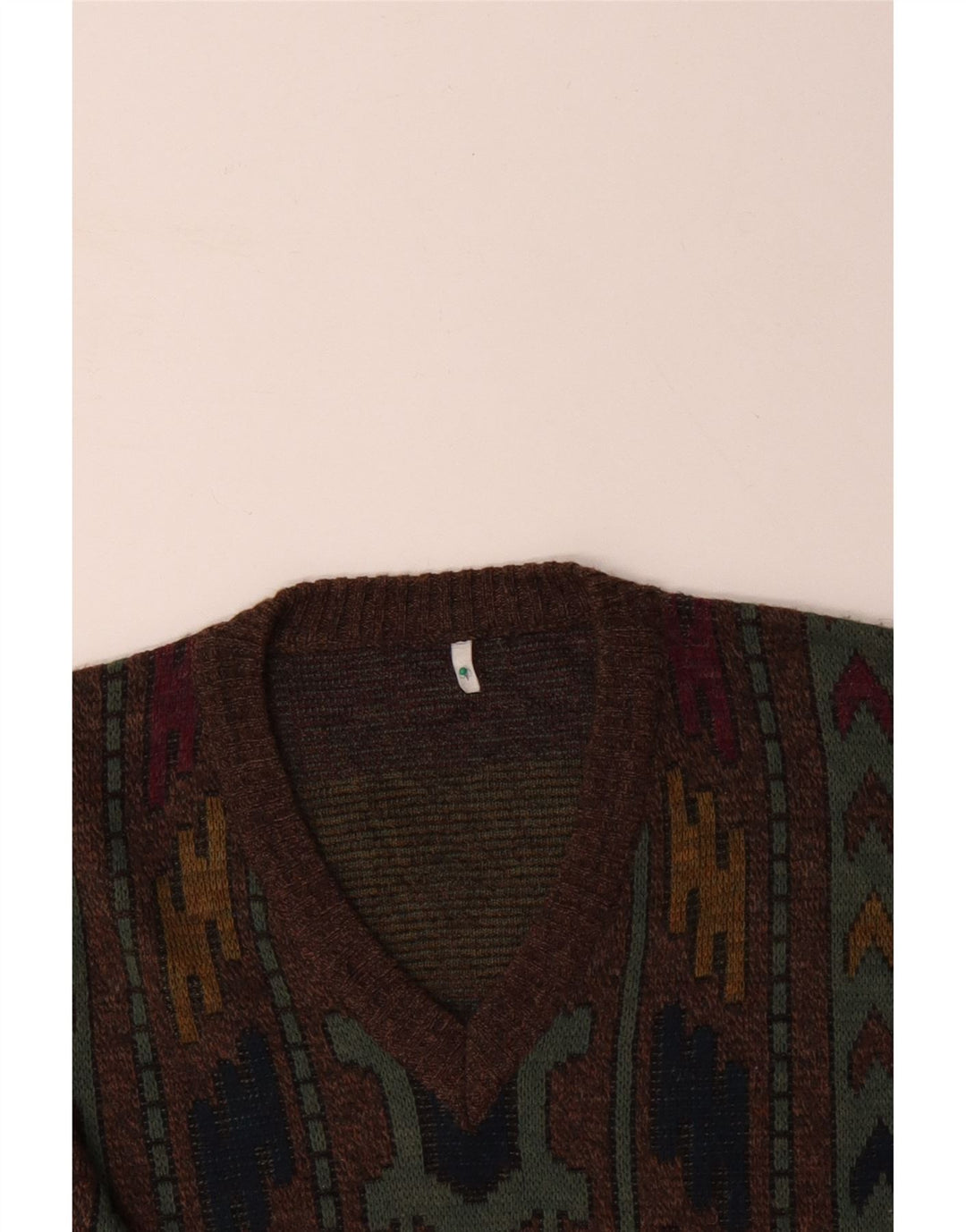 VINTAGE Herre V-hals sweater IT 50 Medium Brun Geometrisk