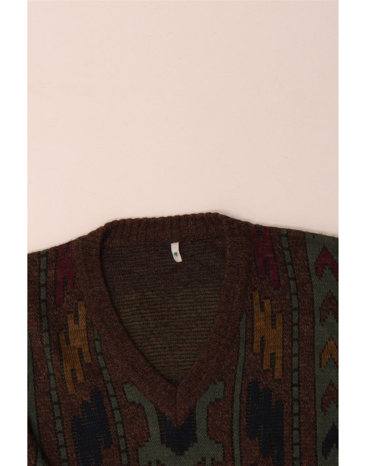 VINTAGE Herre V-hals sweater IT 50 Medium Brun Geometrisk