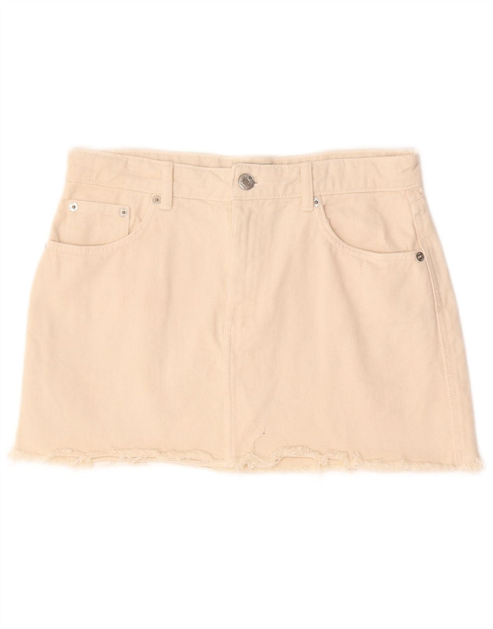 Zara Dame Mini Denim Nederdel Stor W30 Beige Bomuld