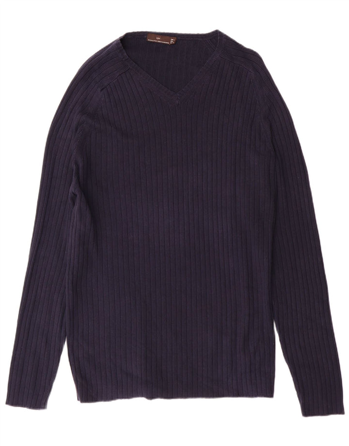 Zara Herre V-hals sweater Stor marineblå bomuld