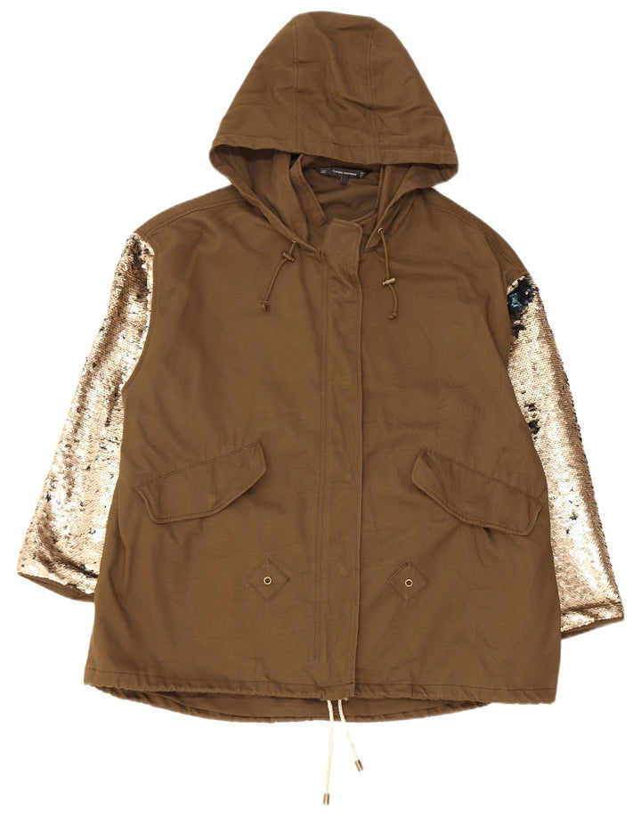 Zara Dame Hætte Oversized Parka Jacket UK 10 Small Khaki Colourblock