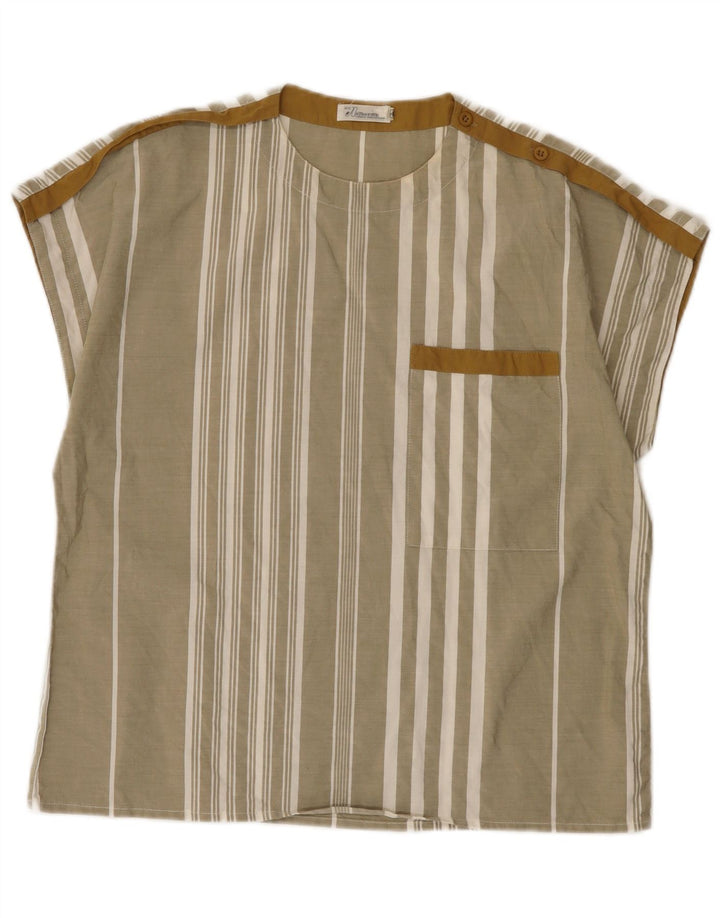 Vintage damebluse top EU 40 Medium Khaki stribet bomuld