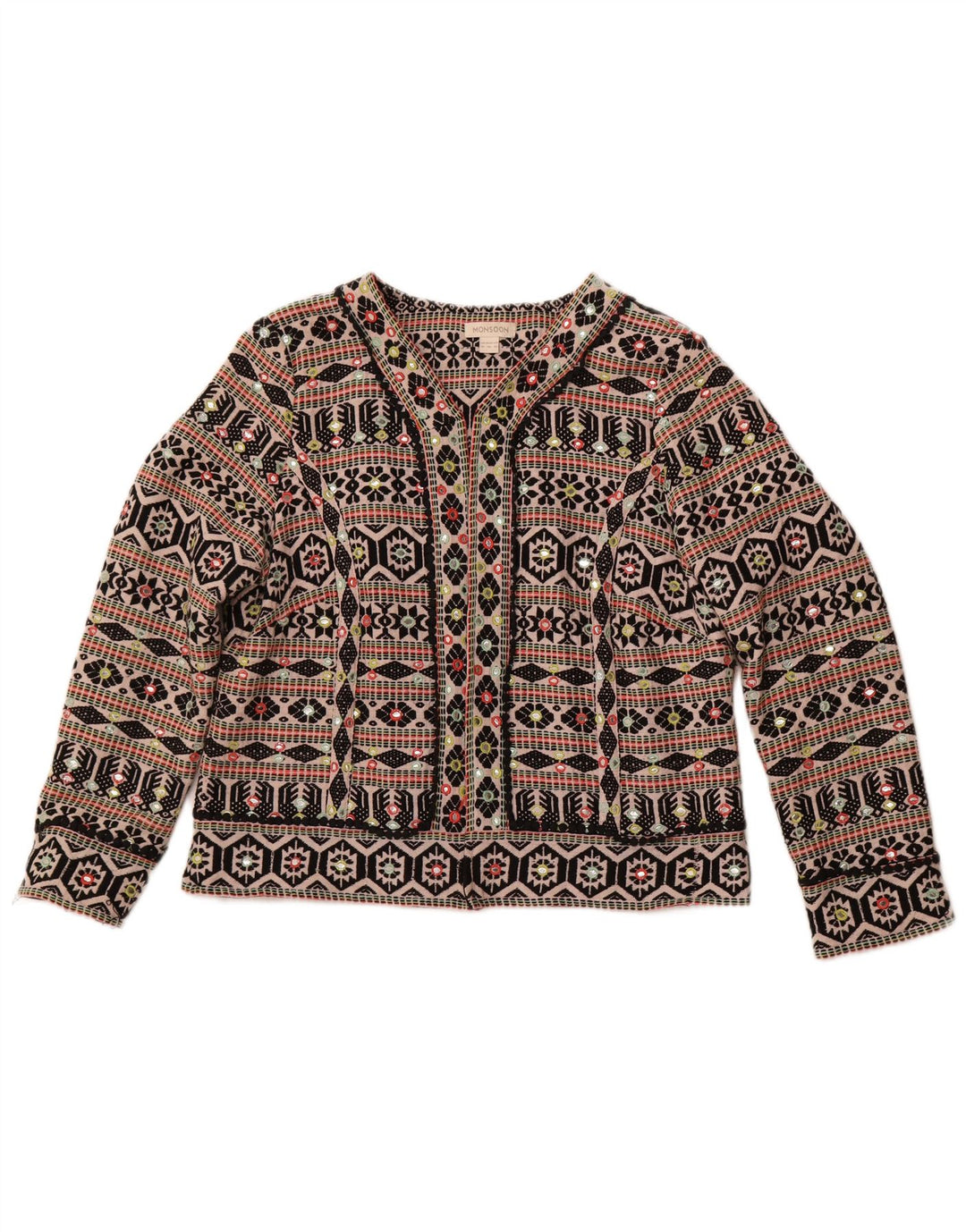 MONSOON Womens Open Bolero Jacket UK 18 XL Sort Geometrisk Bomuld