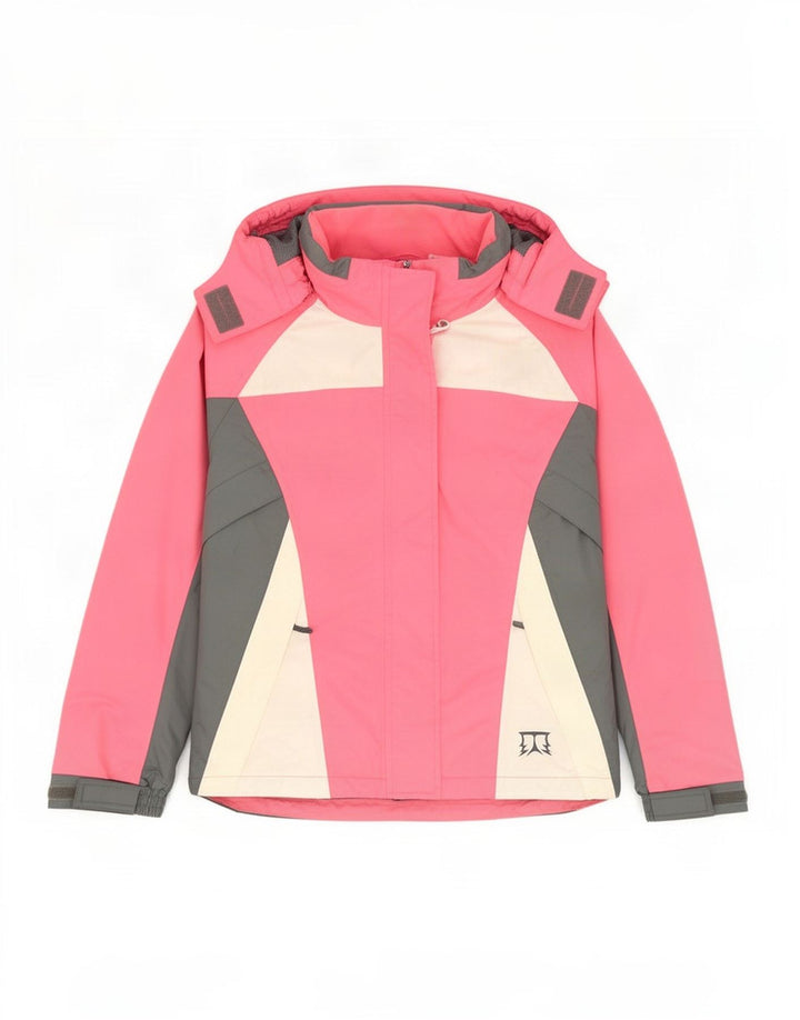 Vintage skijakke med hætte til kvinder UK 12 Medium Pink Colourblock Polyamid