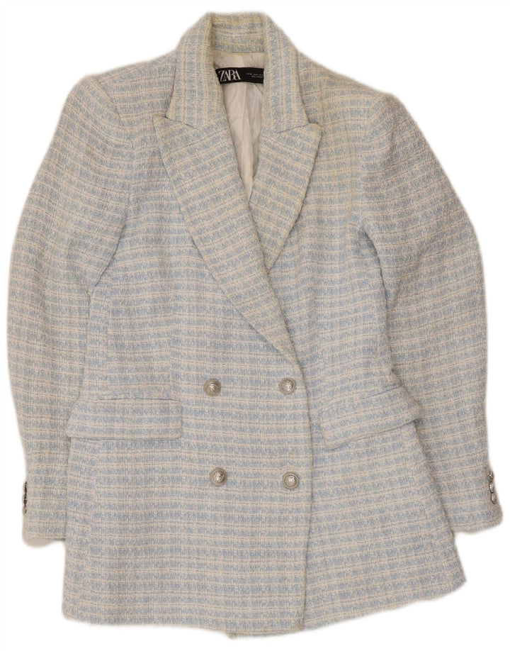Zara Dame Dobbeltradet Blazer Jacket UK 12 Medium Blue Ternet Bomuld