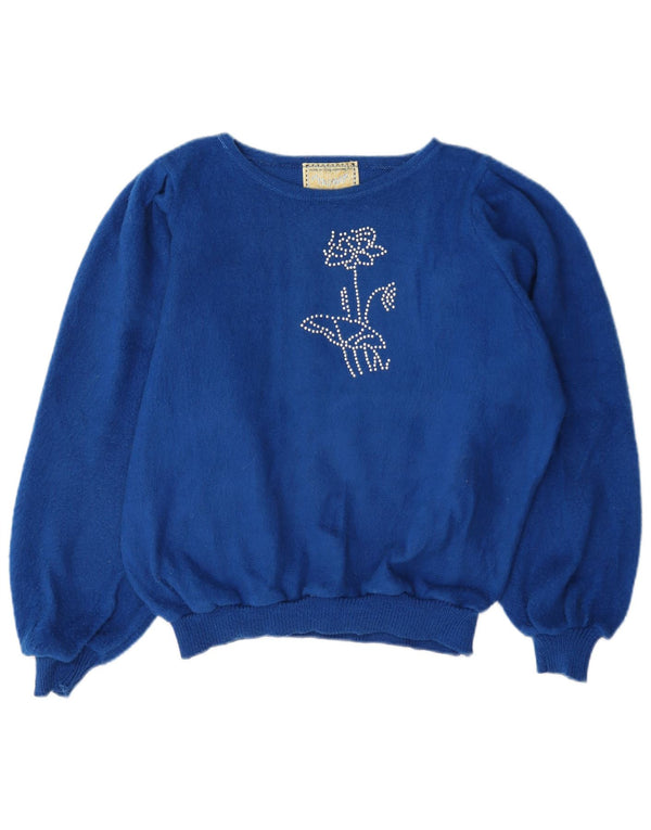 Vintage Dame Boat Neck Jumper Sweater UK 16 Large Blue Floral