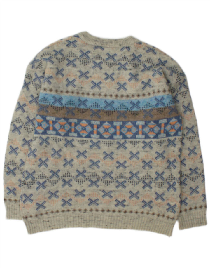 Vintage Herre Boat Neck Jumper Sweater Medium Grey Geometrisk Uld