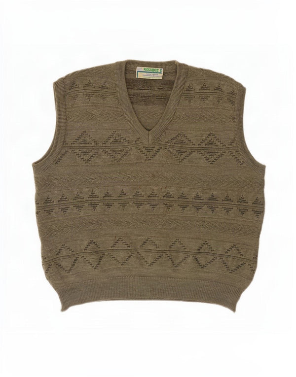 Vintage Mens Vest Tank Top XL Khaki Geometric New Wool