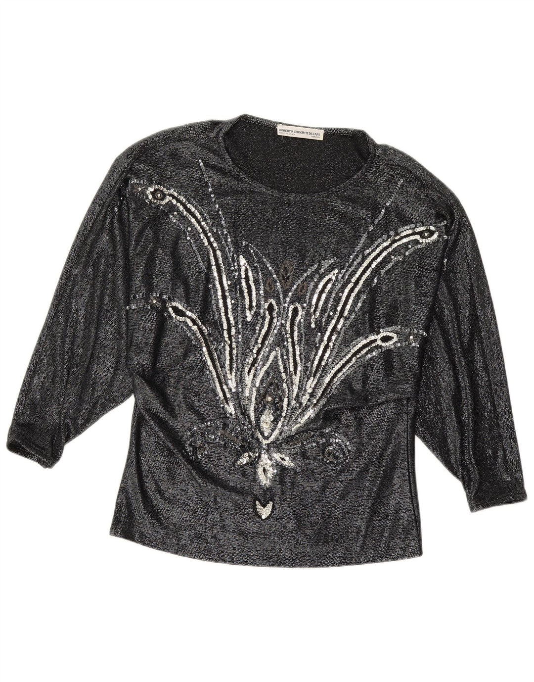 VINTAGE Langærmet Damebluse Top IT 42 Medium Black Floral Viscose