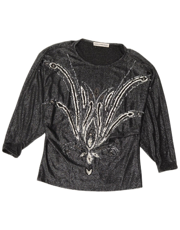 VINTAGE Langærmet Damebluse Top IT 42 Medium Black Floral Viscose