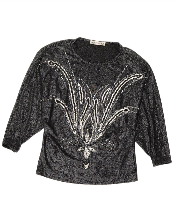VINTAGE Langærmet Damebluse Top IT 42 Medium Black Floral Viscose