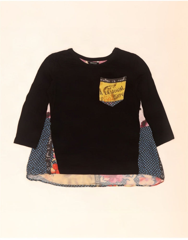 Desigual Dame Grafisk Langærmet Bluse Top UK 6 XS Sort Patchwork