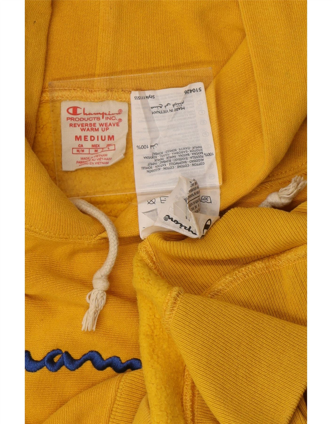 CHAMPION Dame Reverse Weave Grafisk Hoodie Jumper UK 14 Medium Gul