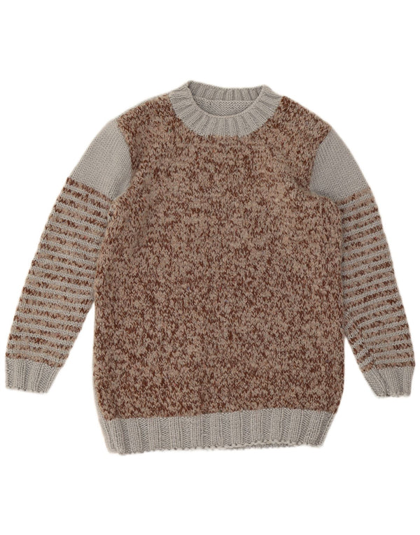 Vintage sweater med rund hals til mænd, medium brun farveblok