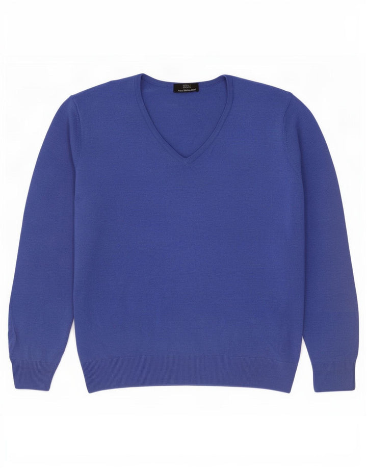 Marks & Spencer Dame V-hals sweater UK 12 Medium Blue Merino Wool