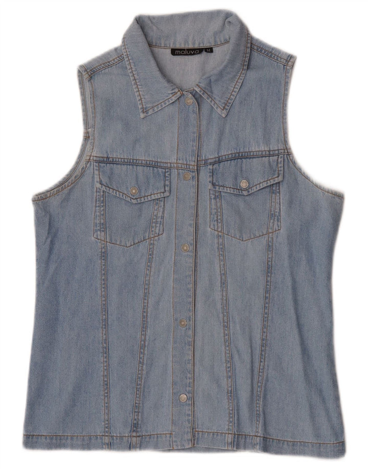 Vintage Dame ærmeløs denim skjorte UK 12 Medium Blue