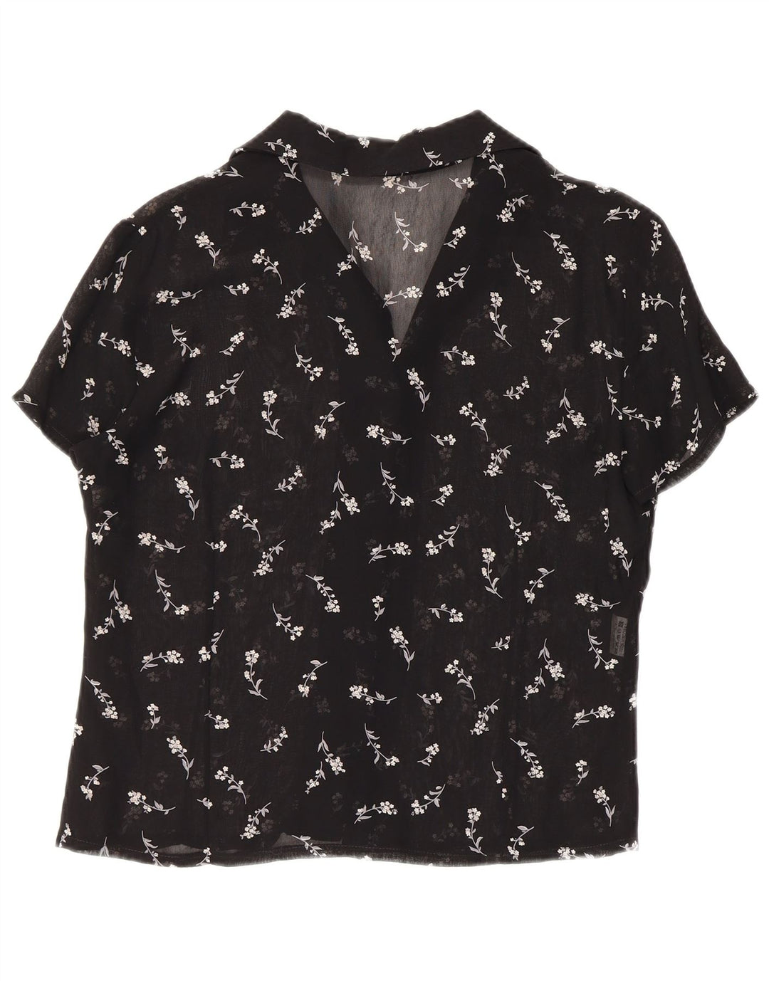 Vintage Dame Gennemsigtig Skjorte Bluse UK 12 Medium Black Floral