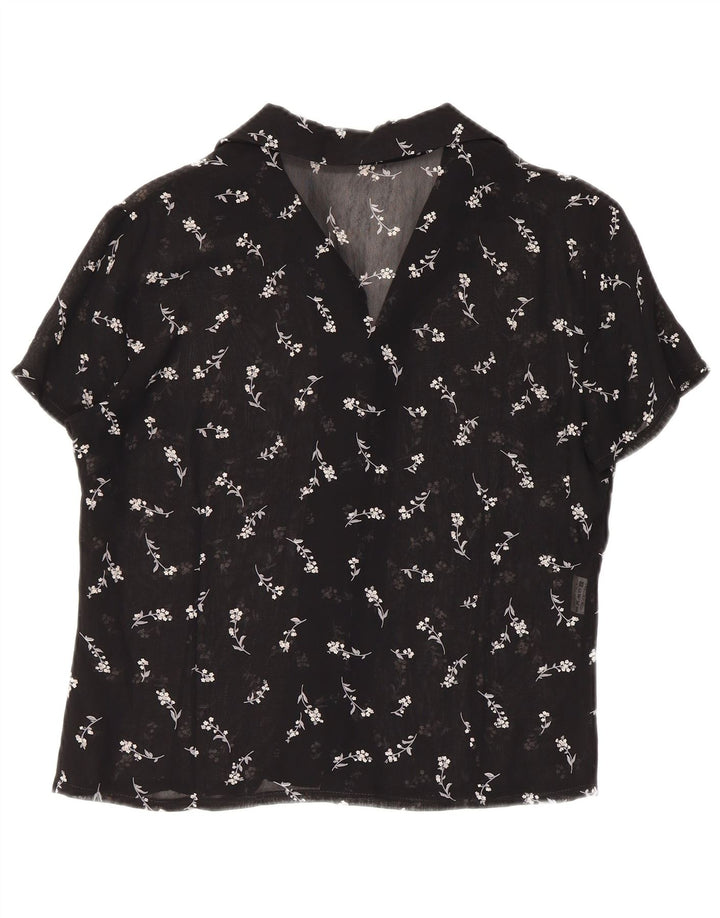 Vintage Dame Gennemsigtig Skjorte Bluse UK 12 Medium Black Floral
