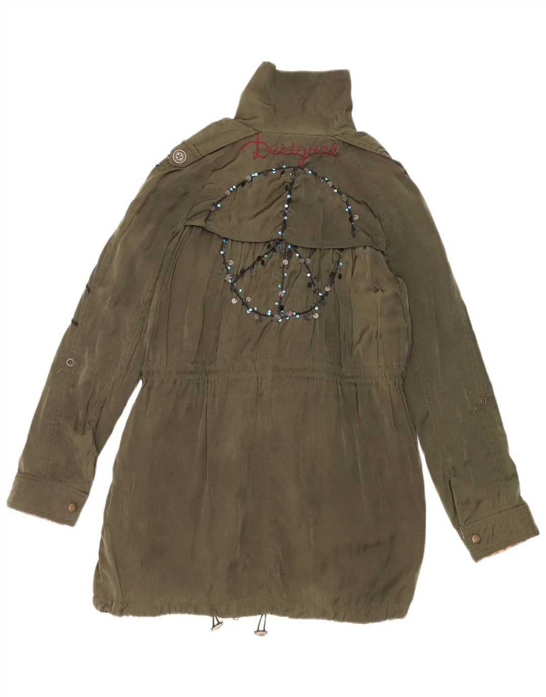 Desigual Womens Military Graphic Parka Jacket EU 38 Medium Green Floral