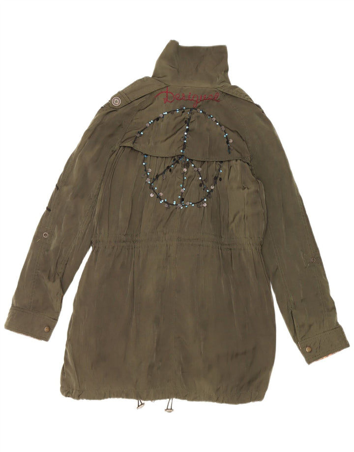 Desigual Womens Military Graphic Parka Jacket EU 38 Medium Green Floral